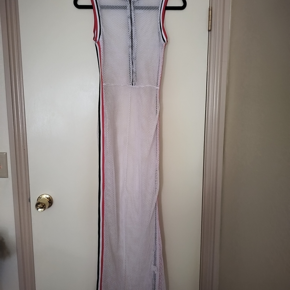 Stylish White Mesh Dress with Black and Red Accents